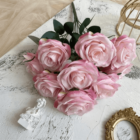 2 Bushes Artificial Silk Rose Flower Arrangements 18" Pink Edge - YauSpark