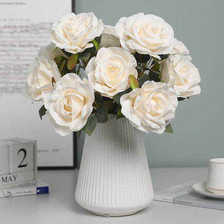 2 Bushes Premium Silk Jumbo Rose Flower Bouquet 16" Off - White - YauSpark