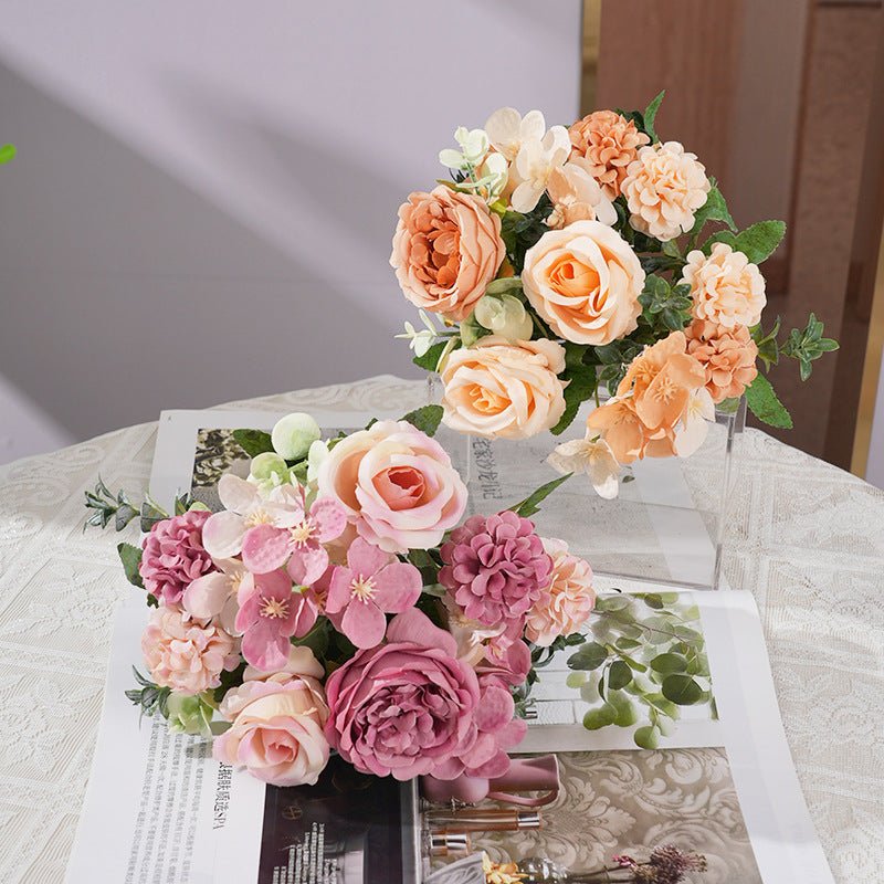 2 Pcs Silk Rose Bouquets Mixed Peony & Hydrangea 12" Champagne - YauSpark