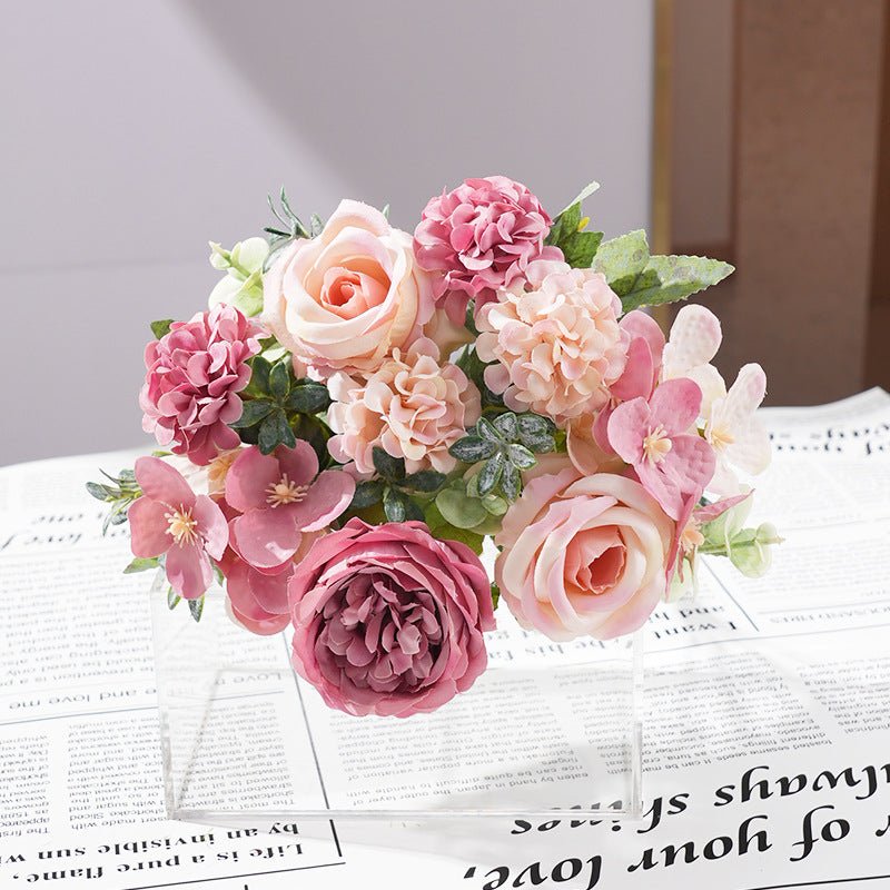 2 Pcs Silk Rose Bouquets Mixed Peony & Hydrangea 12" Champagne with Sand Red - YauSpark