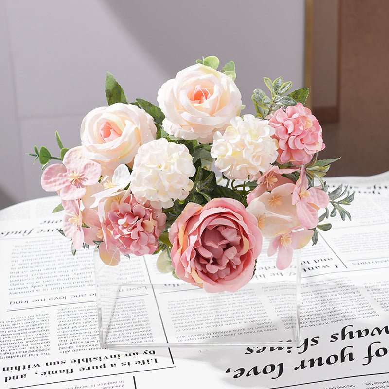 2 Pcs Silk Rose Bouquets Mixed Peony & Hydrangea 12" Light Pink - YauSpark