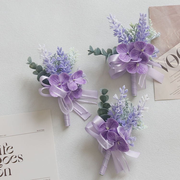 2 Pcs Wedding Purple Artificial Corsage with Clip Hydrangea - YauSpark