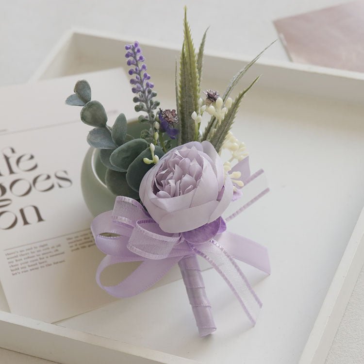 2 Pcs Wedding Purple Artificial Corsage with Clip Peony - YauSpark