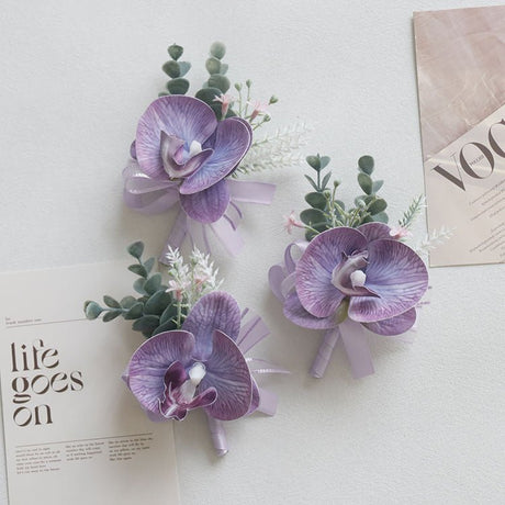 2 Pcs Wedding Purple Artificial Corsage with Clip Phalaenopsis - YauSpark