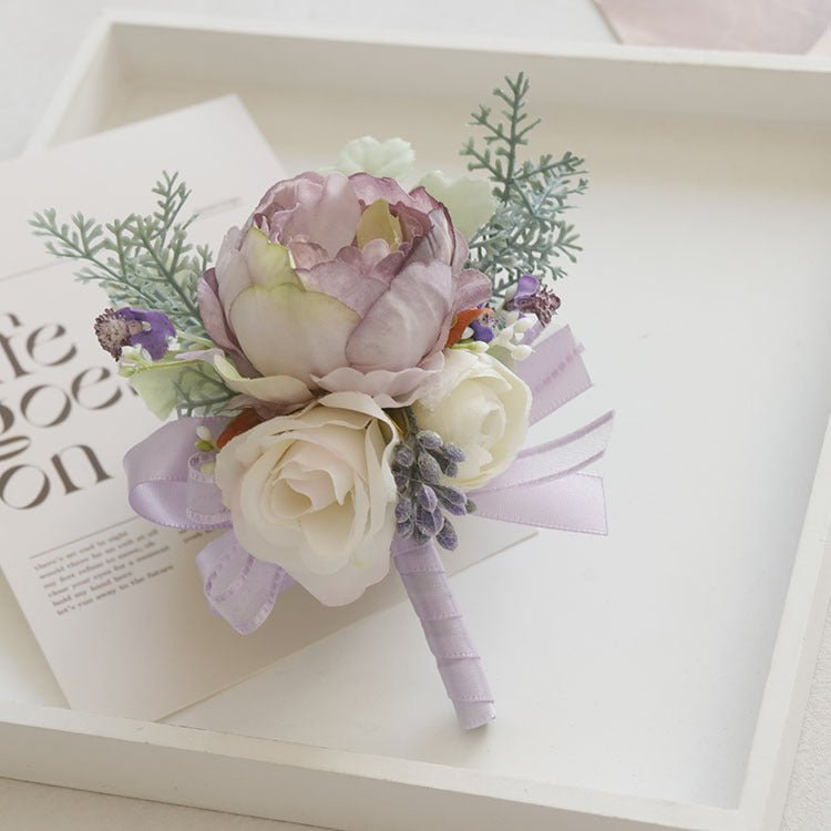2 Pcs Wedding Purple Artificial Corsage with Clip Purple Peony - YauSpark