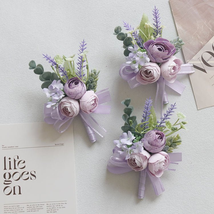 2 Pcs Wedding Purple Artificial Corsage with Clip Tea Rose - YauSpark