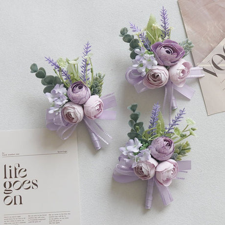 2 Pcs Wedding Purple Artificial Corsage with Clip Tea Rose - YauSpark