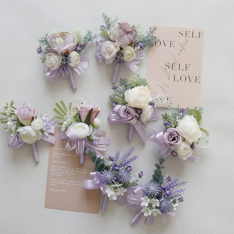 2 Pcs Wedding Purple Artificial Corsage with Clip Thorn Ball - YauSpark