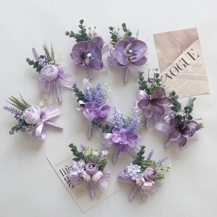 2 Pcs Wedding Purple Artificial Corsage with Clip Thorn Ball - YauSpark