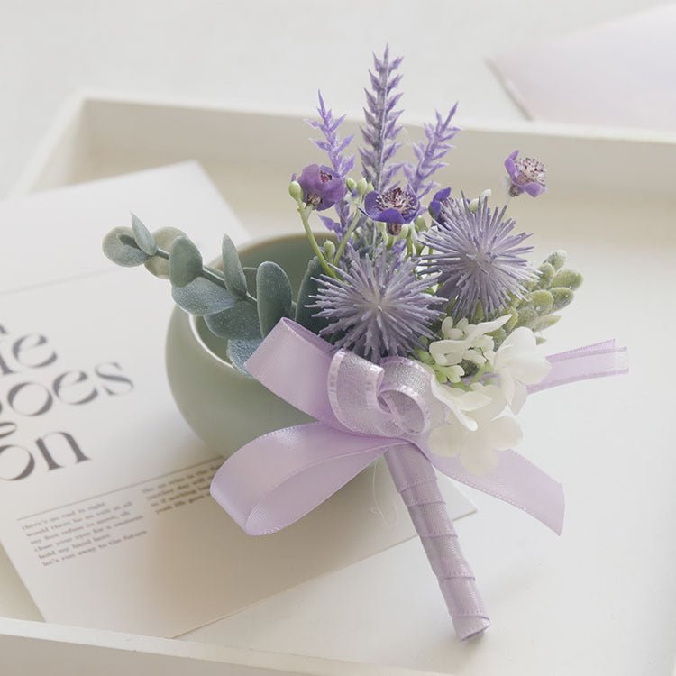 2 Pcs Wedding Purple Artificial Corsage with Clip Thorn Ball - YauSpark