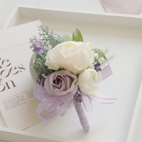 2 Pcs Wedding Purple Artificial Corsage with Clip White Peony - YauSpark