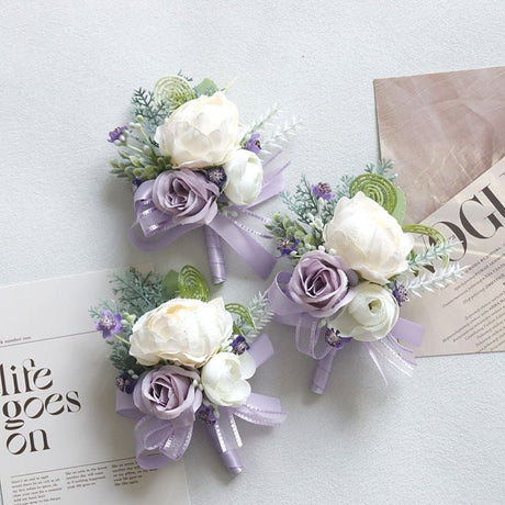 2 Pcs Wedding Purple Artificial Corsage with Clip White Peony - YauSpark