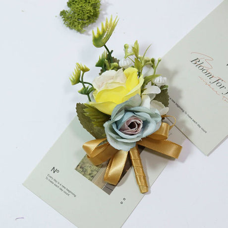 2 Pcs Wedding Two - Headed Rose Corsage Blue Yellow - YauSpark