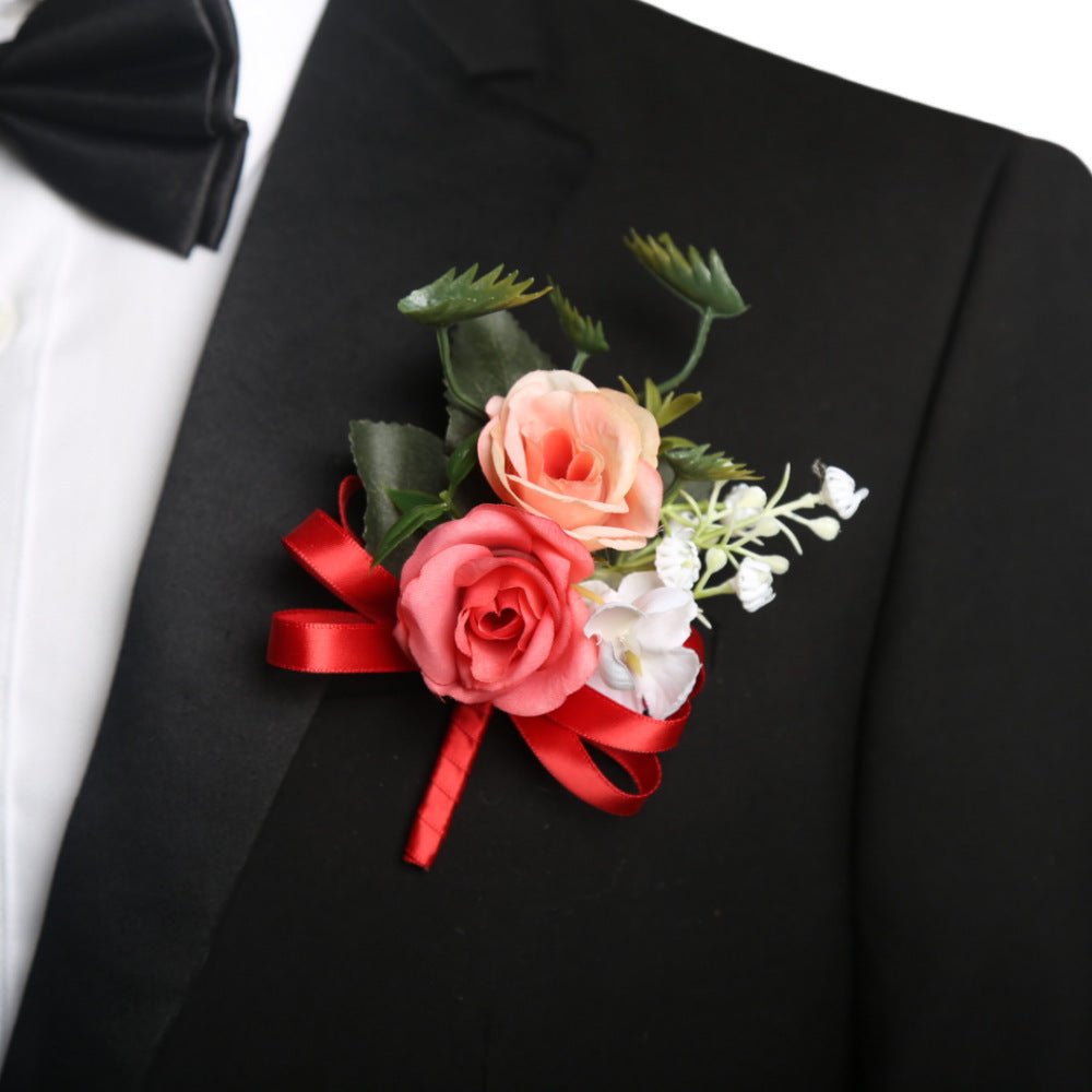 2 Pcs Wedding Two - Headed Rose Corsage Blue Yellow - YauSpark