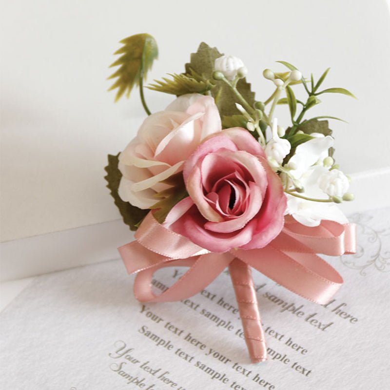 2 Pcs Wedding Two - Headed Rose Corsage Dark Pink - YauSpark