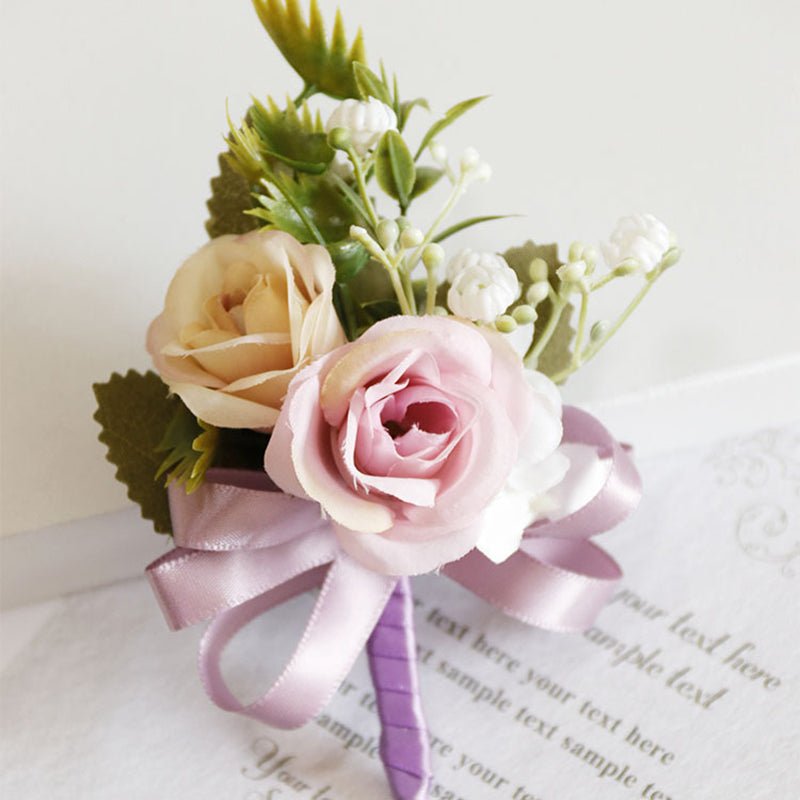 2 Pcs Wedding Two - Headed Rose Corsage Purple - YauSpark