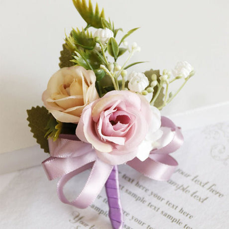 2 Pcs Wedding Two - Headed Rose Corsage Purple - YauSpark