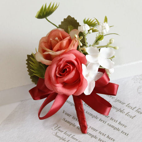 2 Pcs Wedding Two - Headed Rose Corsage Red - YauSpark