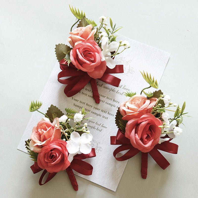 2 Pcs Wedding Two - Headed Rose Corsage Red - YauSpark