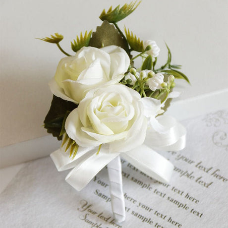2 Pcs Wedding Two - Headed Rose Corsage White - YauSpark