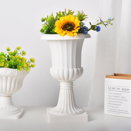 2 Pcs White Urn Planter, Floral Pedestal Flower Pot Plant Stand - PVC 20" - YauSpark