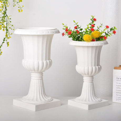 2 Pcs White Urn Planter, Floral Pedestal Flower Pot Plant Stand - PVC 20" - YauSpark
