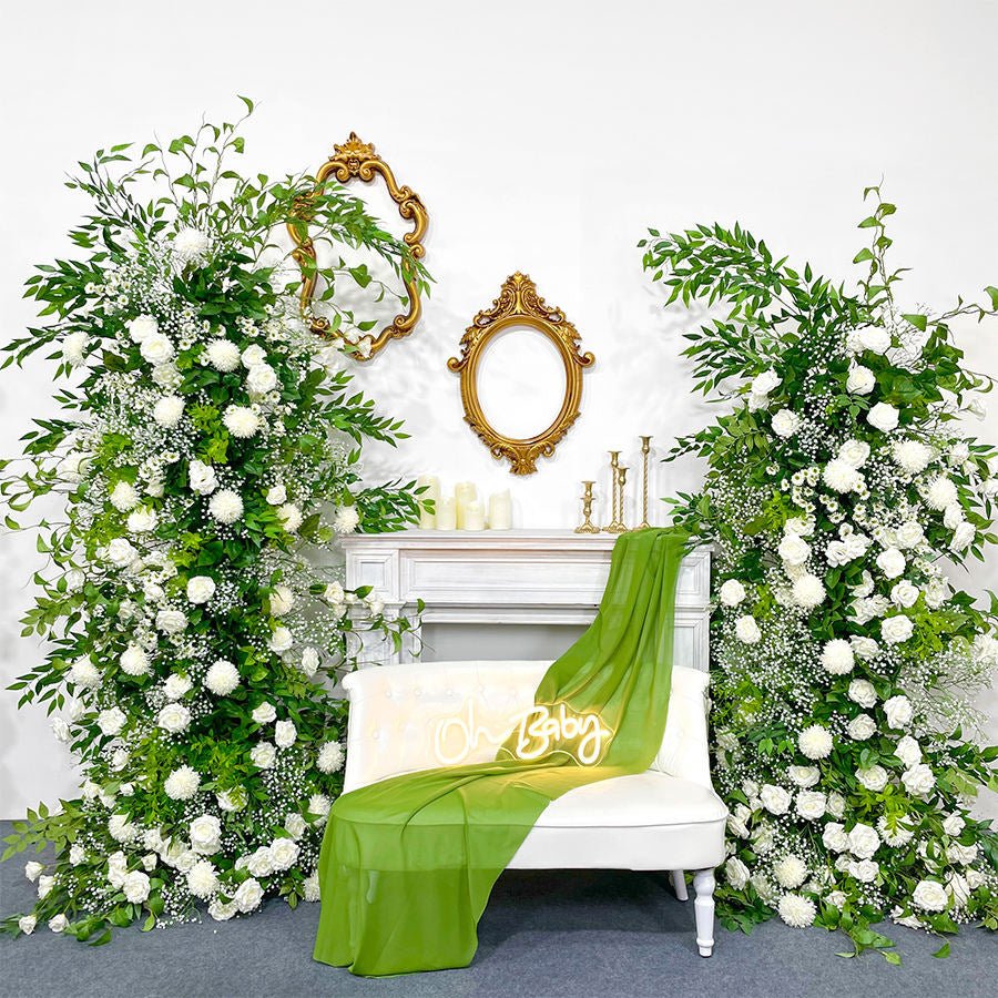 2 Set Artificial Floral Wedding Backdrop Decoration Chrysanthemum Gypsophila Green White - YauSpark