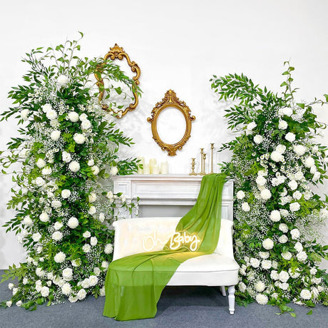 2 Set Artificial Floral Wedding Backdrop Decoration Chrysanthemum Gypsophila Green White - YauSpark