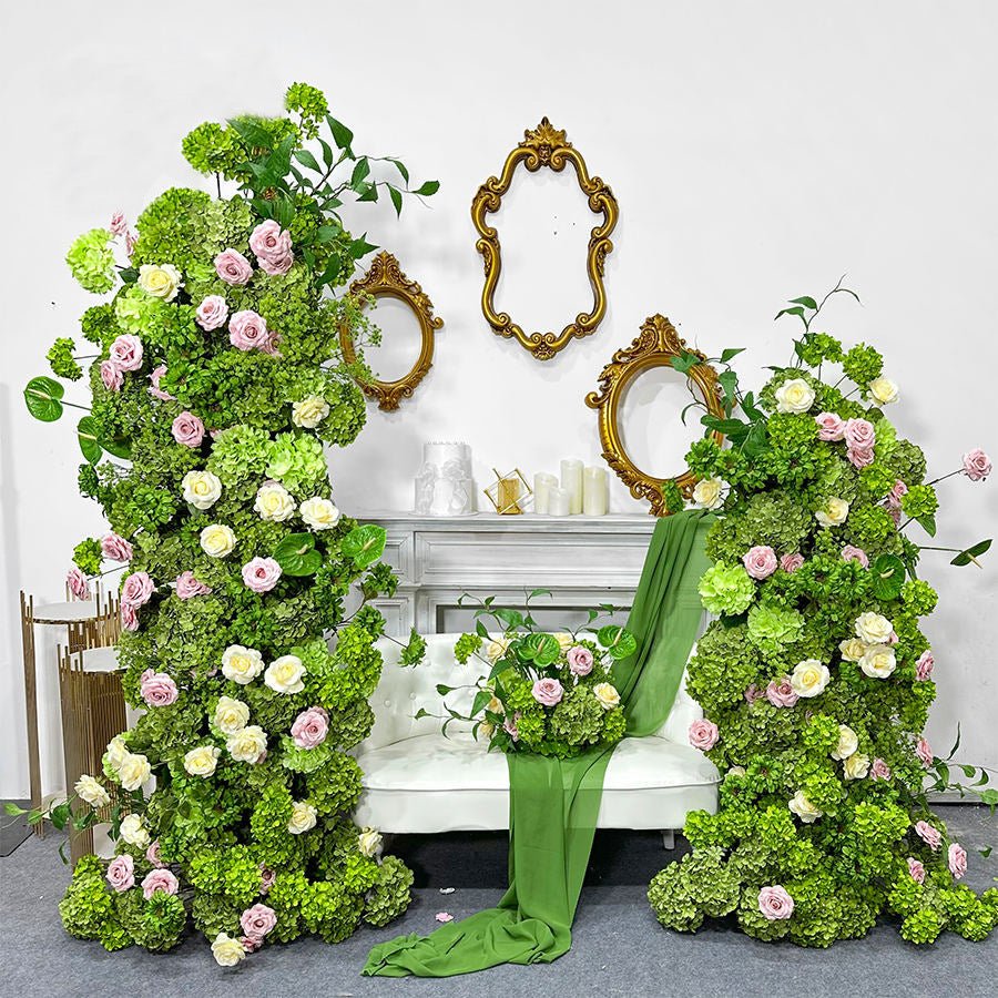 2 Set Artificial Floral Wedding Backdrop Decoration Hydrangea Green - YauSpark