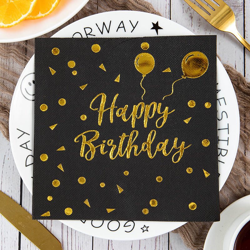 20 Pcs Paper Beverage Napkins 2 Ply Black/Gold with Happy Birthday Foil Print 6.5"x6.5" - YauSpark
