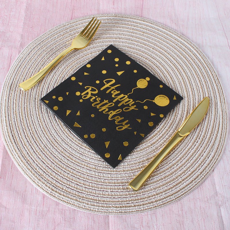 20 Pcs Paper Beverage Napkins 2 Ply Black/Gold with Happy Birthday Foil Print 6.5"x6.5" - YauSpark