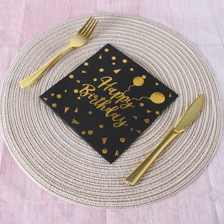20 Pcs Paper Beverage Napkins 2 Ply Black/Gold with Happy Birthday Foil Print 6.5"x6.5" - YauSpark