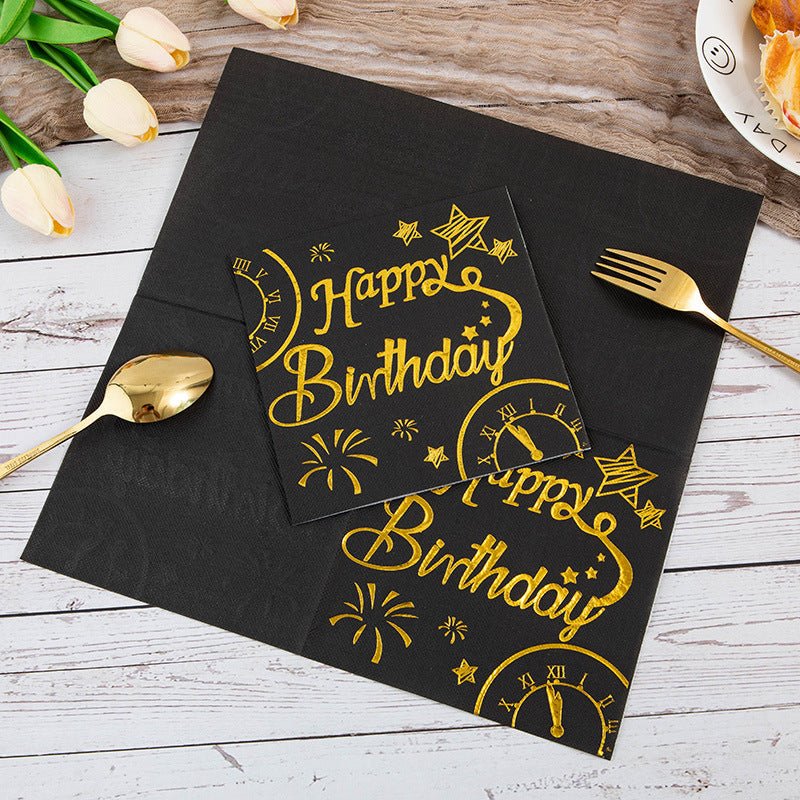 20 Pcs Paper Beverage Napkins 2 Ply Black/Gold with Happy Birthday Foil Print 6.5"x6.5" - YauSpark