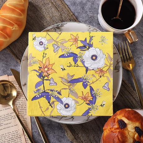 20 Pcs Paper Beverage Napkins 2 Ply Bright Yellow with Blooming Flowers Design 6.5"x6.5" - YauSpark