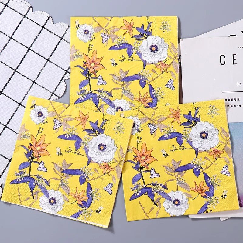 20 Pcs Paper Beverage Napkins 2 Ply Bright Yellow with Blooming Flowers Design 6.5"x6.5" - YauSpark
