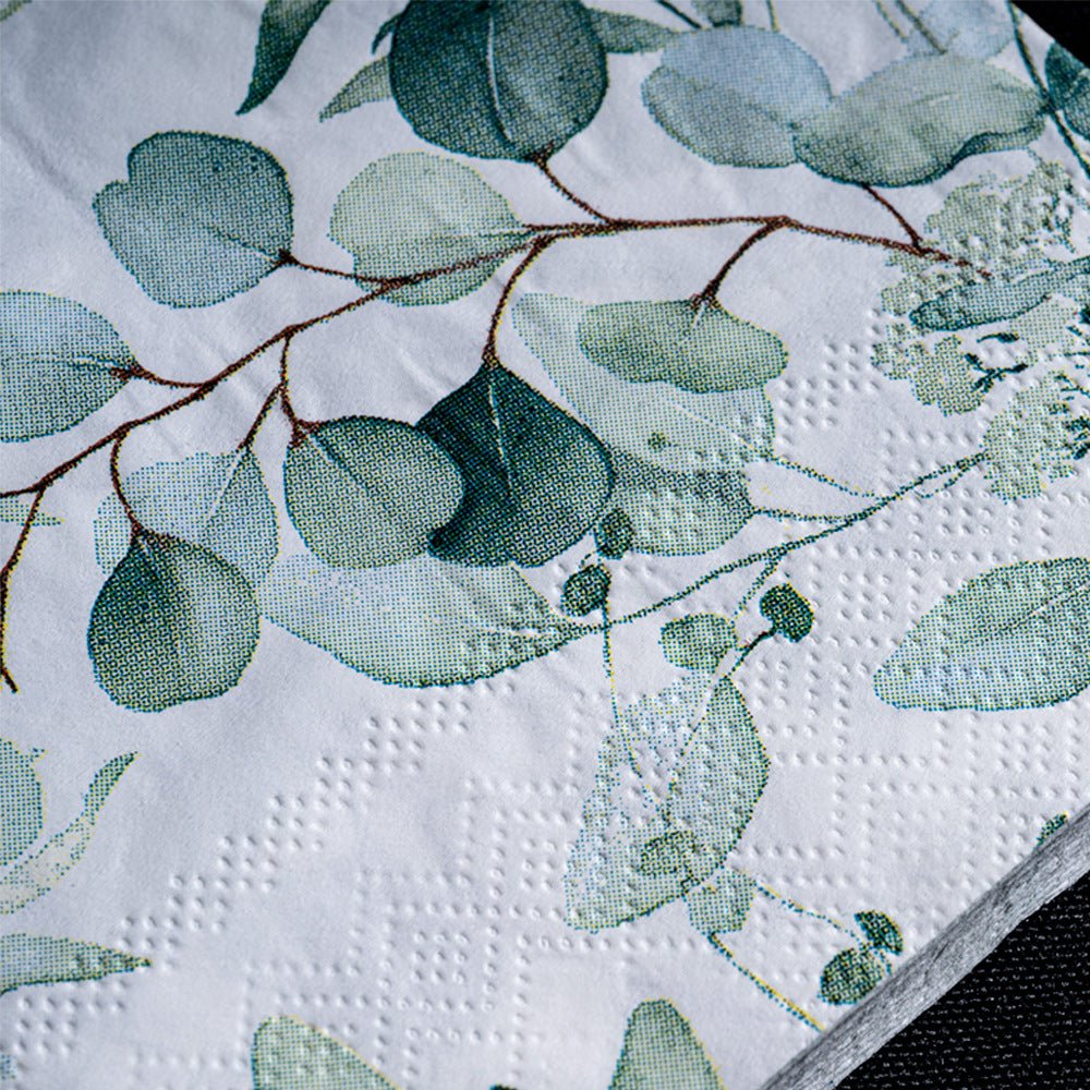 20 Pcs Paper Beverage Napkins 2 Ply Green with Foliage Eucalyptus Leaves Design 6.5"x6.5" - YauSpark