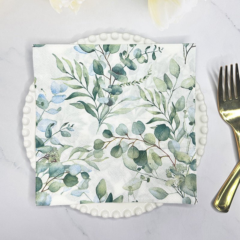 20 Pcs Paper Beverage Napkins 2 Ply Green with Foliage Eucalyptus Leaves Design 6.5"x6.5" - YauSpark