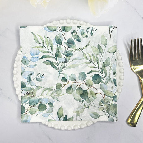 20 Pcs Paper Beverage Napkins 2 Ply Green with Foliage Eucalyptus Leaves Design 6.5"x6.5" - YauSpark