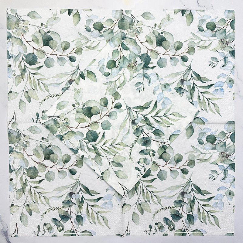 20 Pcs Paper Beverage Napkins 2 Ply Green with Foliage Eucalyptus Leaves Design 6.5"x6.5" - YauSpark