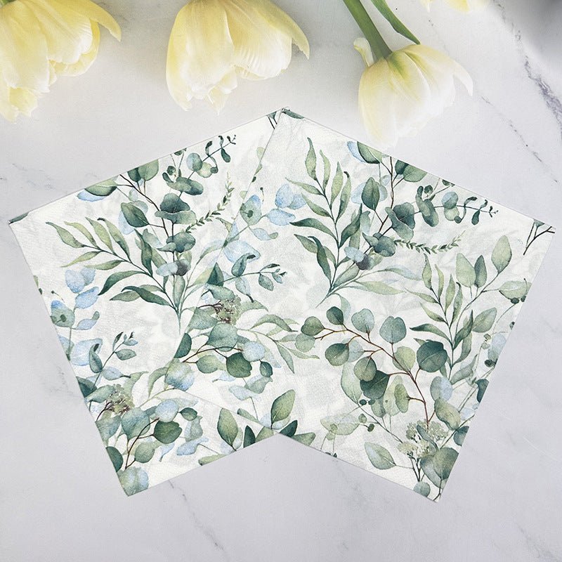 20 Pcs Paper Beverage Napkins 2 Ply Green with Foliage Eucalyptus Leaves Design 6.5"x6.5" - YauSpark