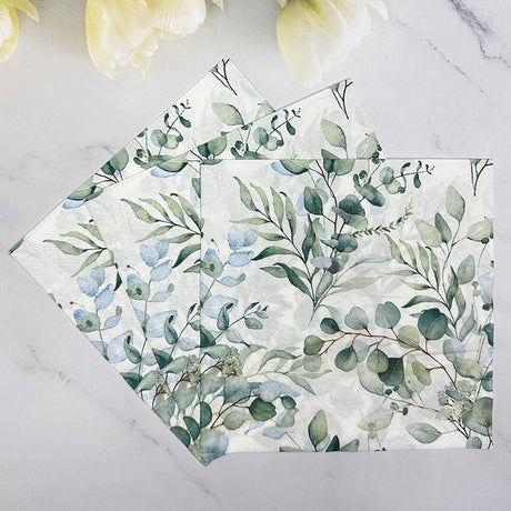 20 Pcs Paper Beverage Napkins 2 Ply Green with Foliage Eucalyptus Leaves Design 6.5"x6.5" - YauSpark