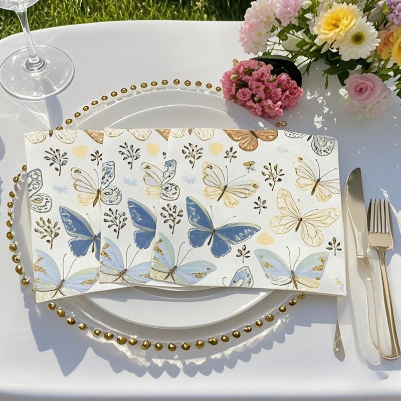 20 Pcs Paper Beverage Napkins 2 Ply Ivory with Field Herbs and Butterfly Print 6.5"x6.5" - YauSpark
