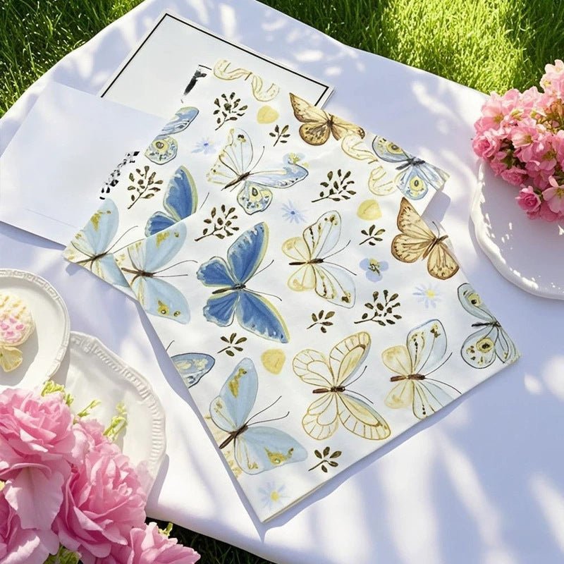 20 Pcs Paper Beverage Napkins 2 Ply Ivory with Field Herbs and Butterfly Print 6.5"x6.5" - YauSpark