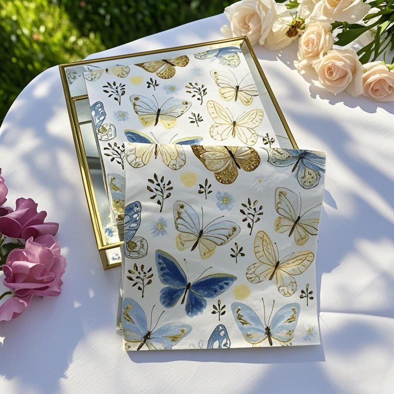 20 Pcs Paper Beverage Napkins 2 Ply Ivory with Field Herbs and Butterfly Print 6.5"x6.5" - YauSpark
