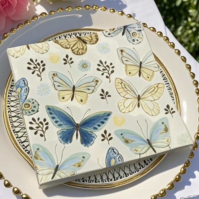 20 Pcs Paper Beverage Napkins 2 Ply Ivory with Field Herbs and Butterfly Print 6.5"x6.5" - YauSpark