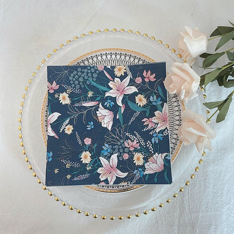 20 Pcs Paper Beverage Napkins 2 Ply Navy Blue with Water Lily Floral Design 6.5"x6.5" - YauSpark
