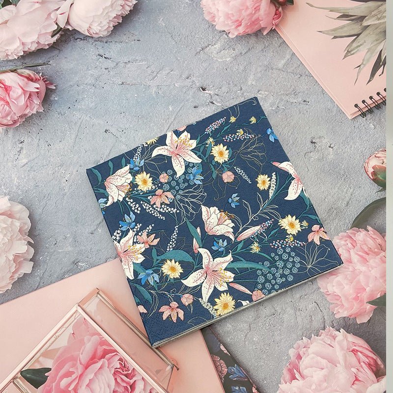 20 Pcs Paper Beverage Napkins 2 Ply Navy Blue with Water Lily Floral Design 6.5"x6.5" - YauSpark