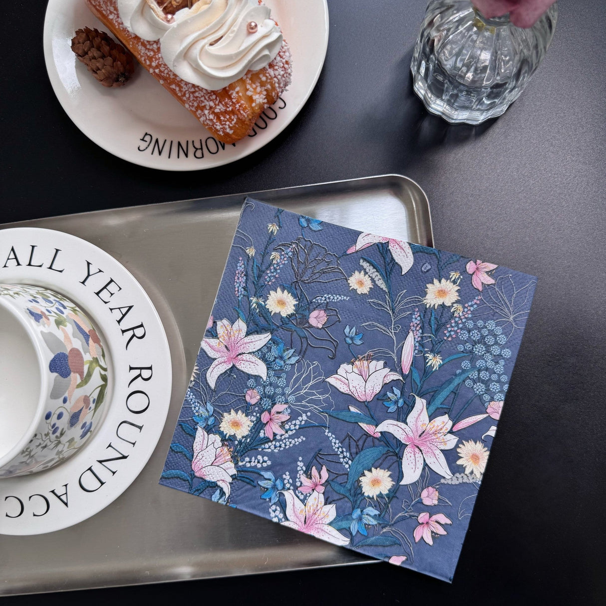 20 Pcs Paper Beverage Napkins 2 Ply Navy Blue with Water Lily Floral Design 6.5"x6.5" - YauSpark