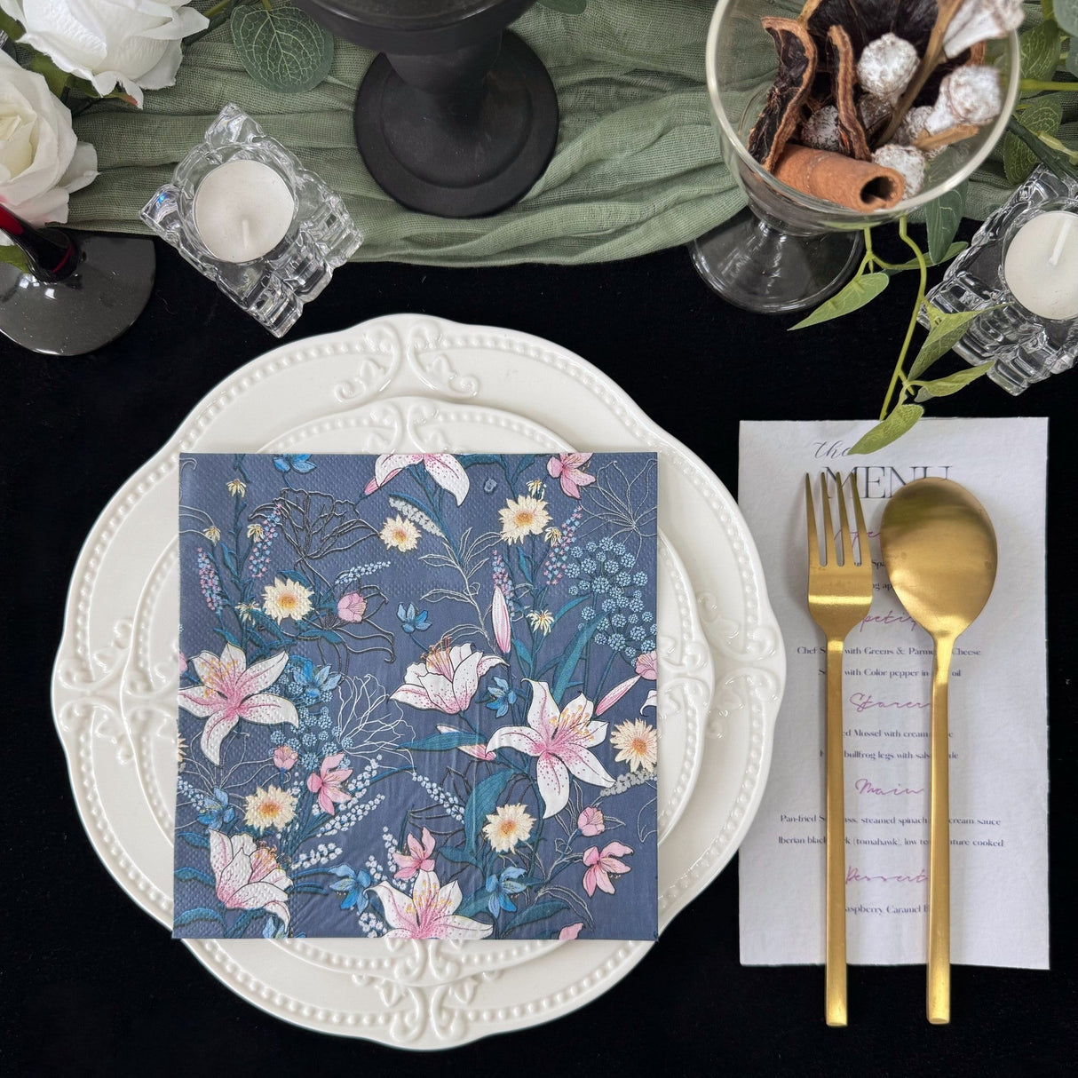 20 Pcs Paper Beverage Napkins 2 Ply Navy Blue with Water Lily Floral Design 6.5"x6.5" - YauSpark