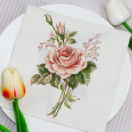 20 Pcs Paper Beverage Napkins 2 Ply Pink/Ivory with Vintage Rose Design 6.5"x6.5" - YauSpark
